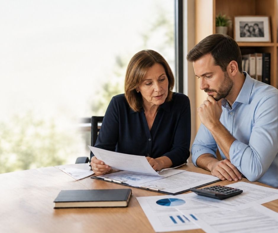 Family company director reviewing share transfer papers with her son, illustrating the tax involved in passing a business to family